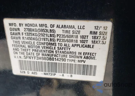 2013 Honda Pilot Touring z USA, uszkodzony, nr VIN 5FNYF3H98DB014290